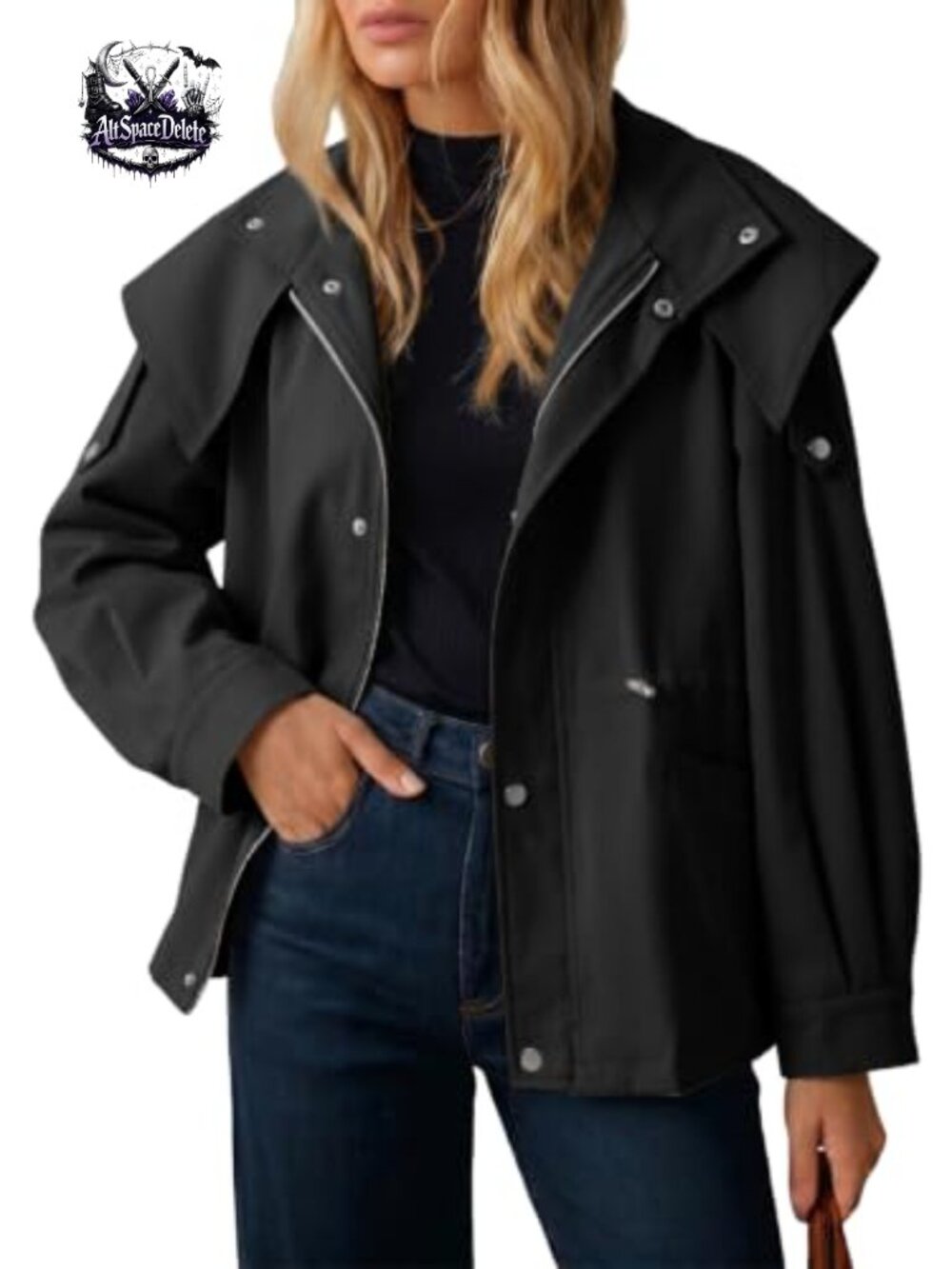 Women's Casual Drawstring Zip Hooded Trench Coat Wind Resistant Outerwear